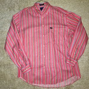 Faconnable Stripped Button Down Long Sleeve Shirt - Red Men's Medium